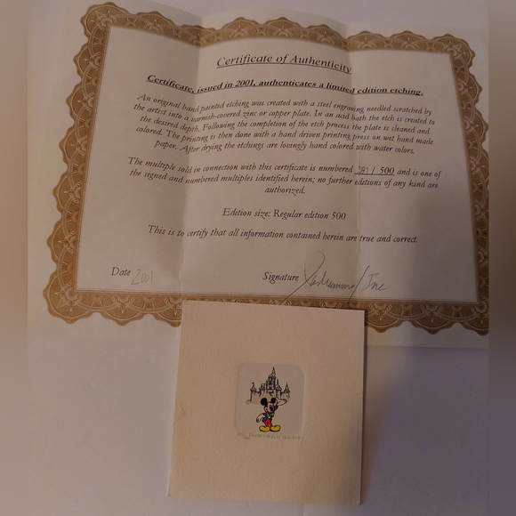 Disney Mickey Mouse Etching Ltd Ed 391/800 Watercolor 4x4 COA 2001 Rare L1 - Picture 2 of 3